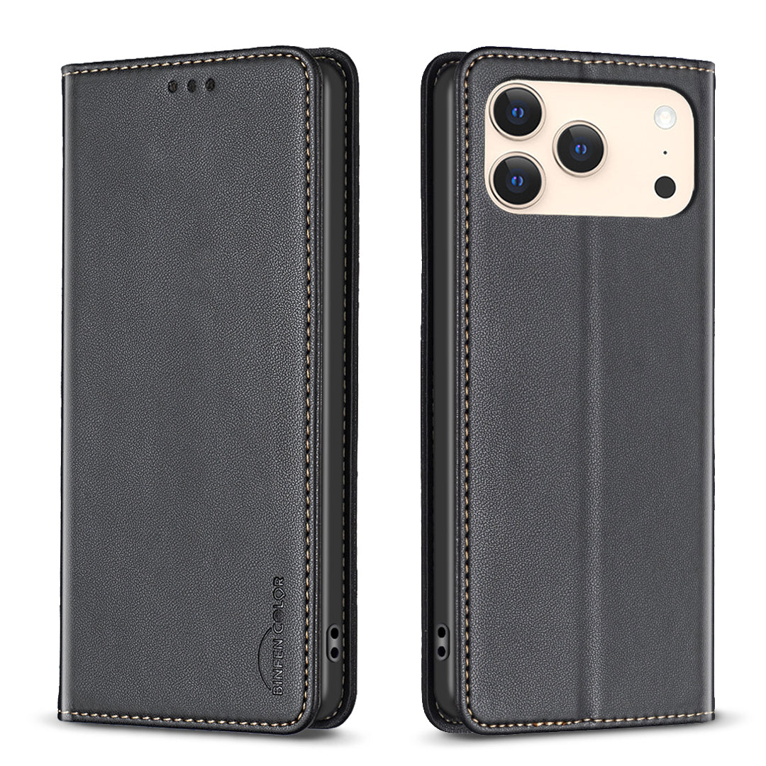 For iPhone 17 Pro Max Leather Case BINFEN COLOR BF18 Phone Stand Cover with Card Slots - Black