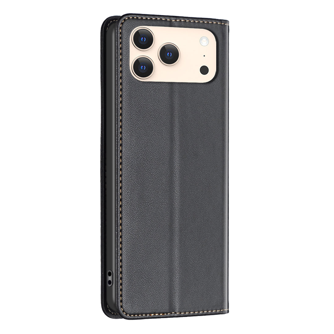 For iPhone 17 Pro Max Leather Case BINFEN COLOR BF18 Phone Stand Cover with Card Slots - Black