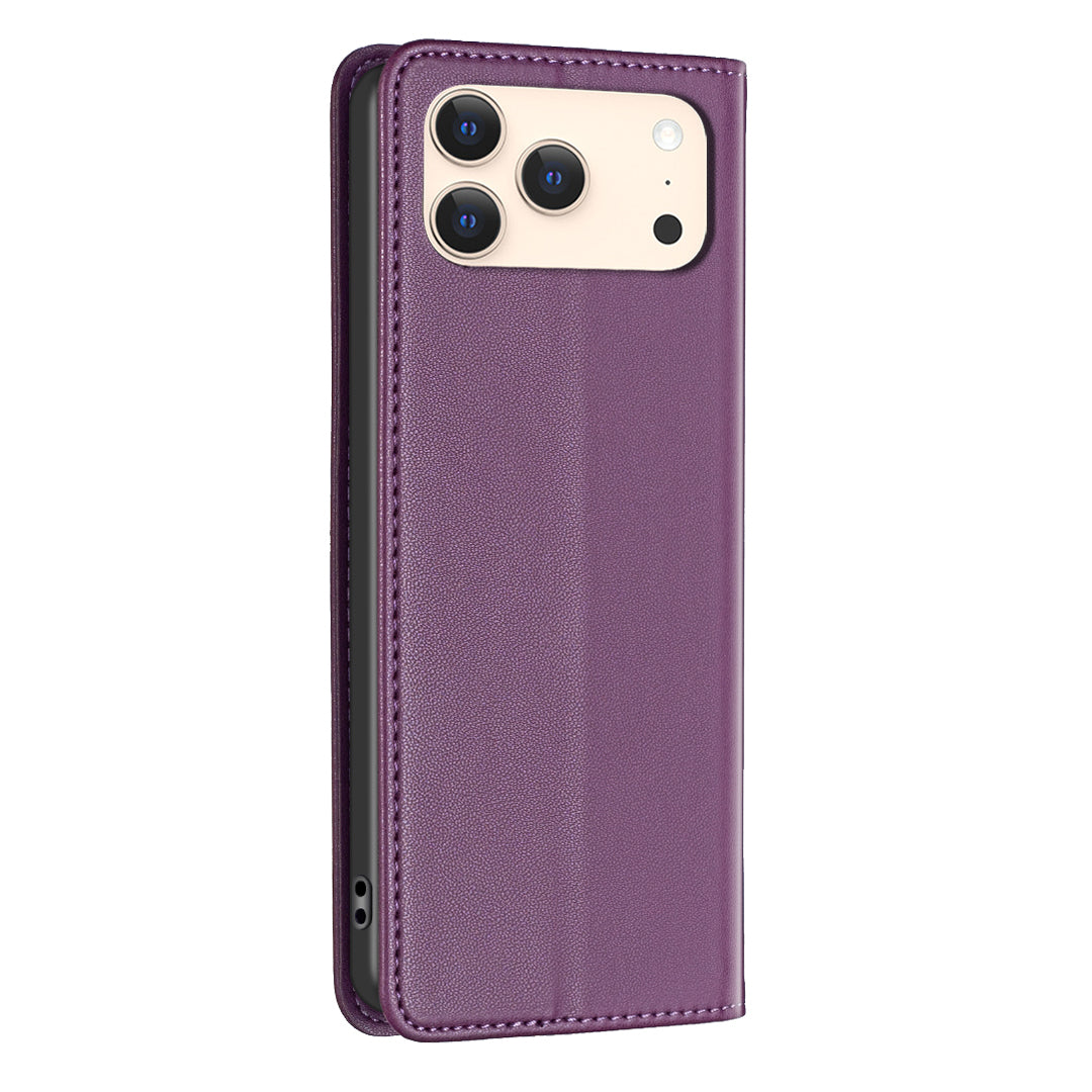 For iPhone 17 Pro Max Leather Case BINFEN COLOR BF18 Phone Stand Cover with Card Slots - Dark Purple