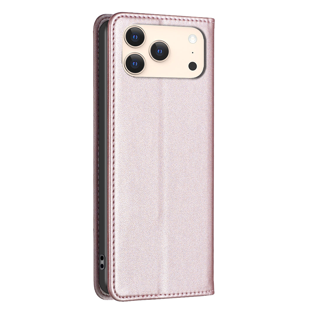 For iPhone 17 Pro Max Leather Case BINFEN COLOR BF18 Phone Stand Cover with Card Slots - Rose Gold