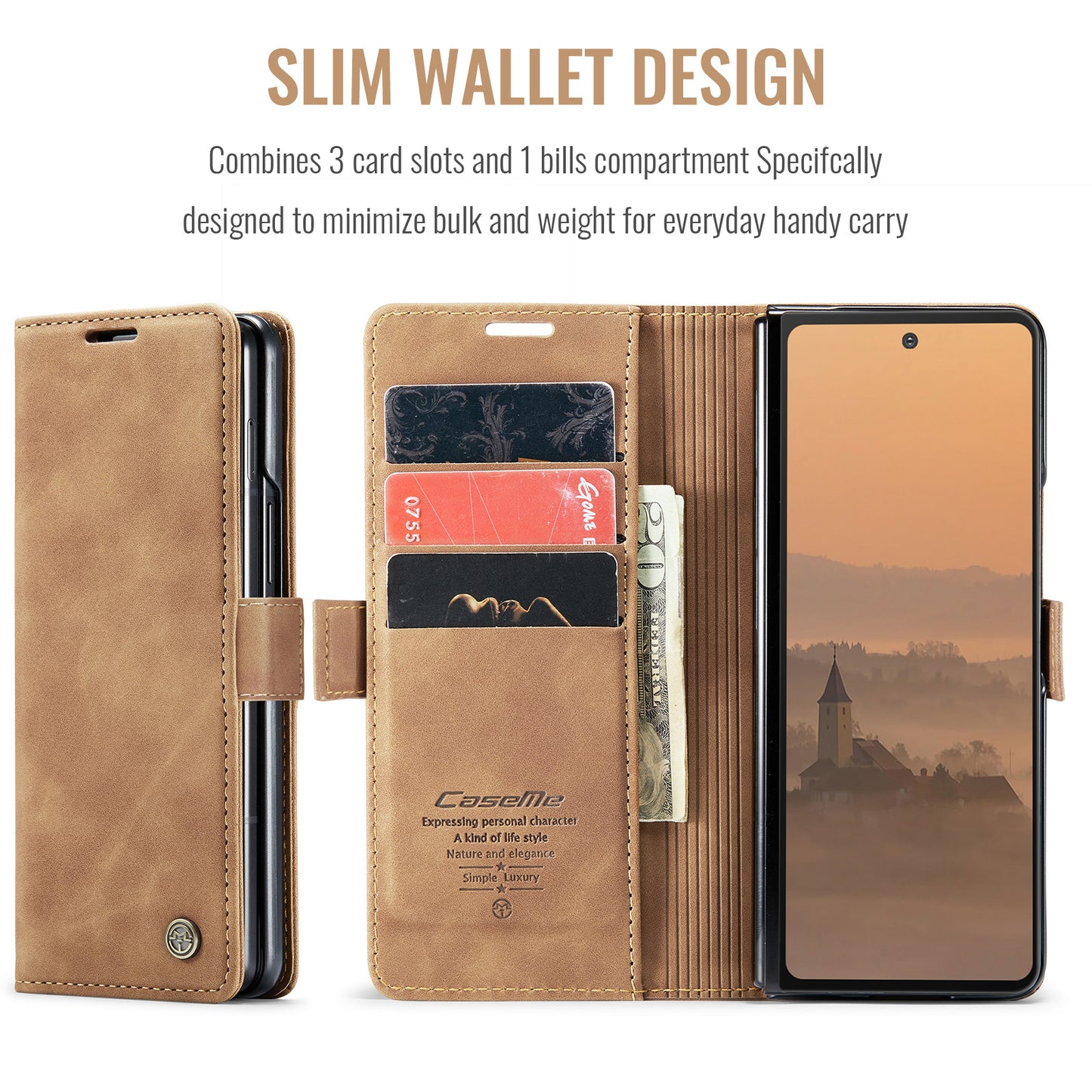 For Samsung Galaxy Z Fold7 5G Wallet Case CASEME 013 Series PU Leather Phone Cover Stand - Brown