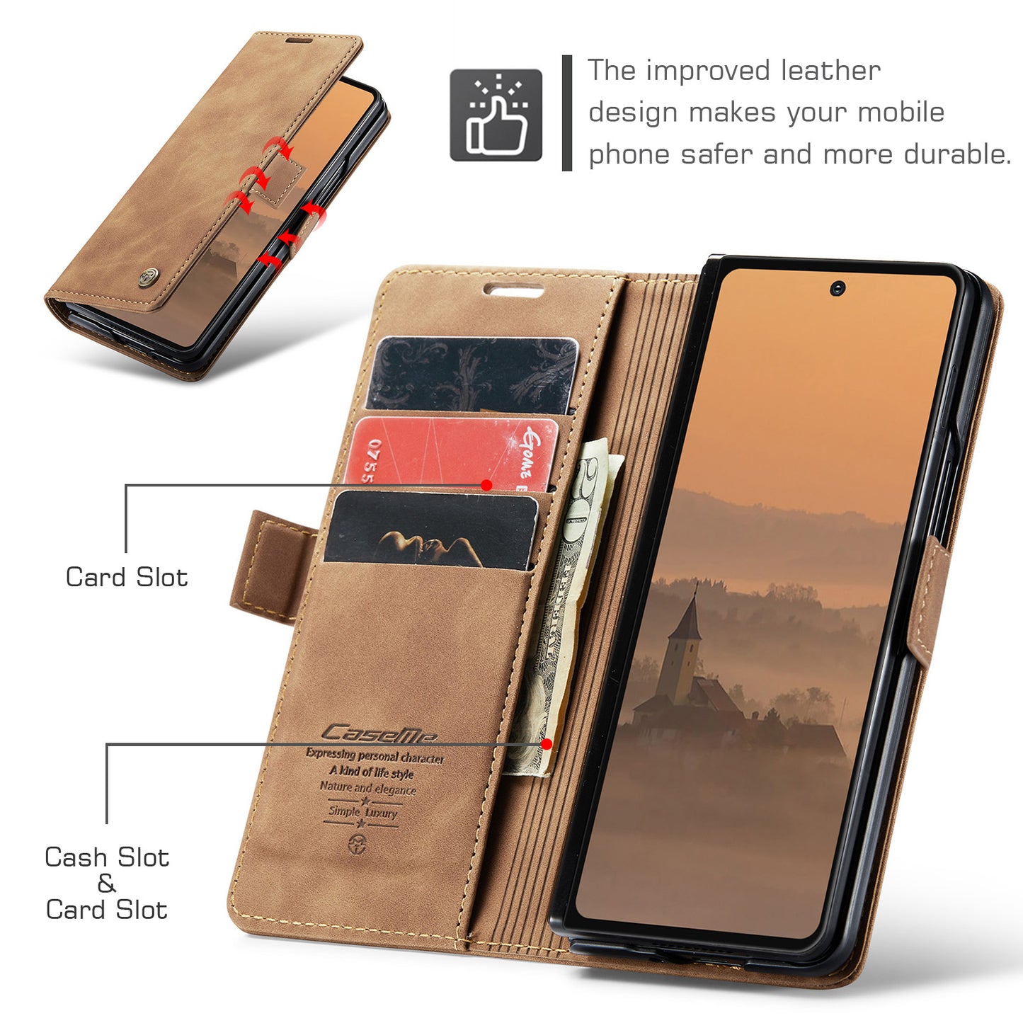 For Samsung Galaxy Z Fold7 5G Wallet Case CASEME 013 Series PU Leather Phone Cover Stand - Brown