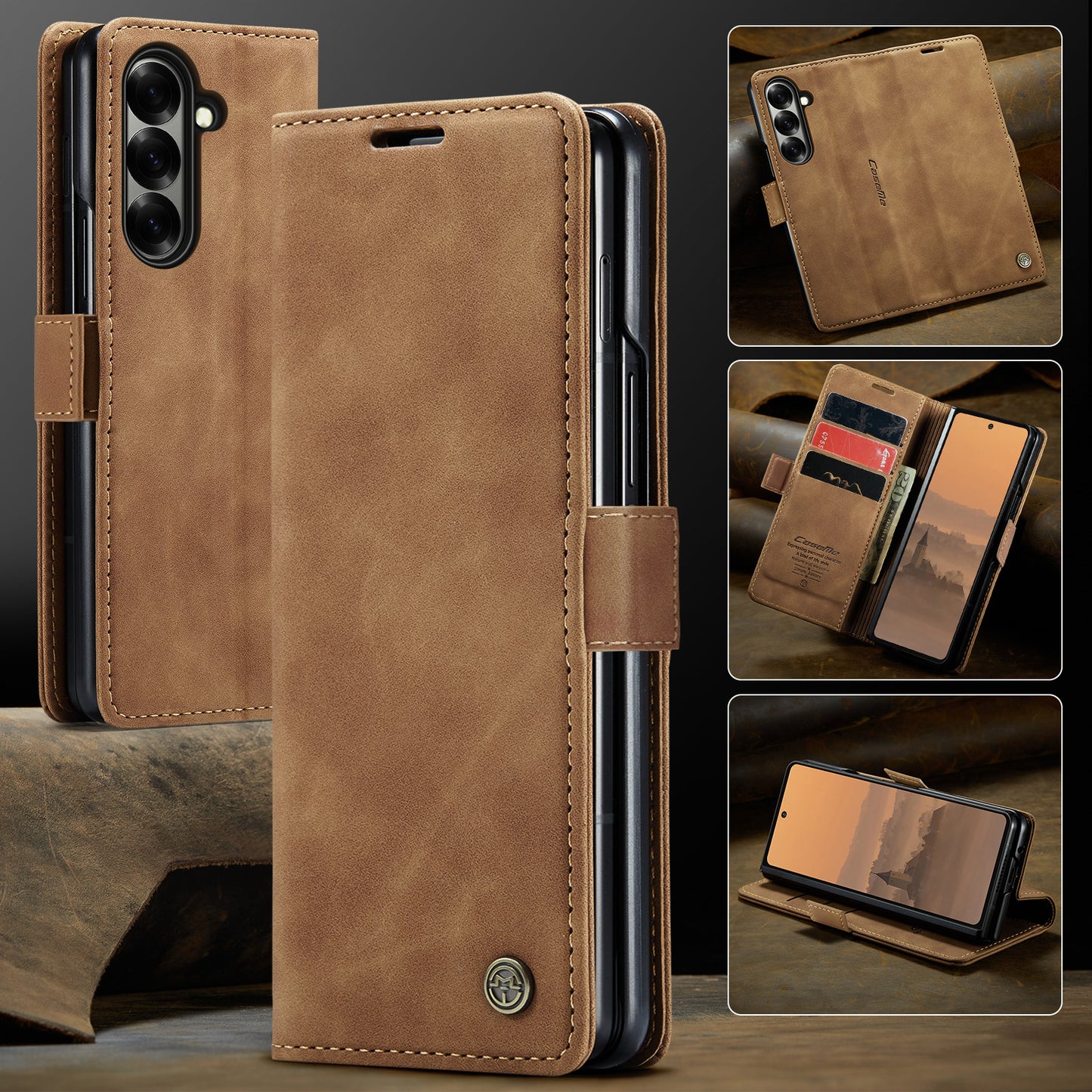 For Samsung Galaxy Z Fold7 5G Wallet Case CASEME 013 Series PU Leather Phone Cover Stand - Brown