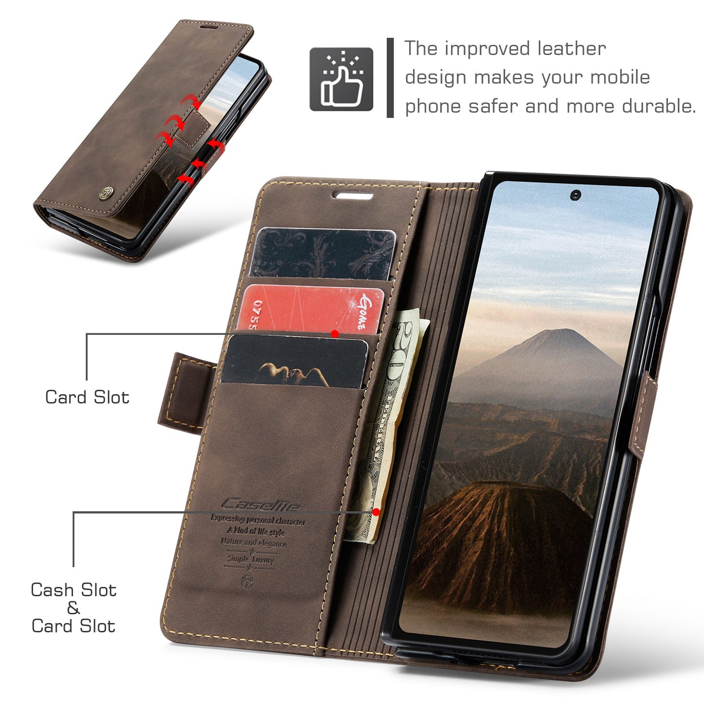 For Samsung Galaxy Z Fold7 5G Wallet Case CASEME 013 Series PU Leather Phone Cover Stand - Coffee