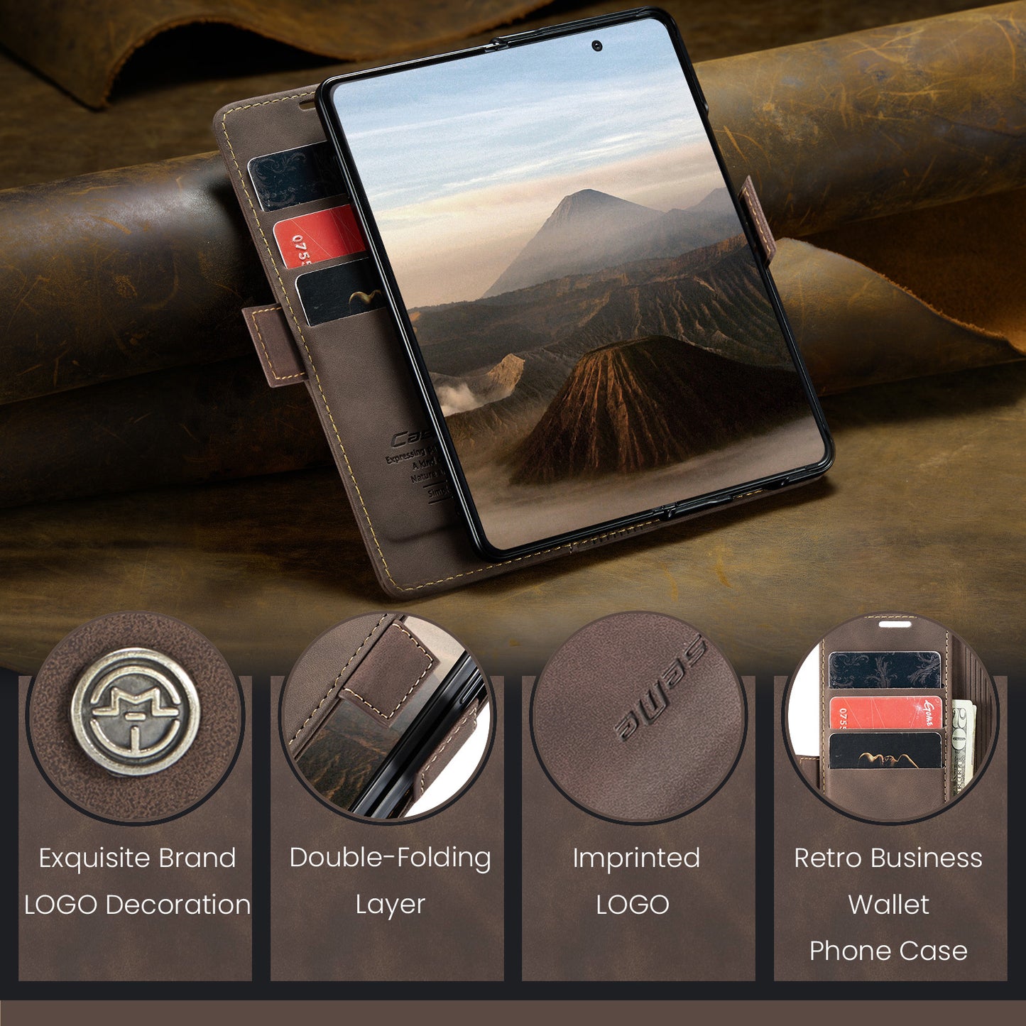 For Samsung Galaxy Z Fold7 5G Wallet Case CASEME 013 Series PU Leather Phone Cover Stand - Coffee