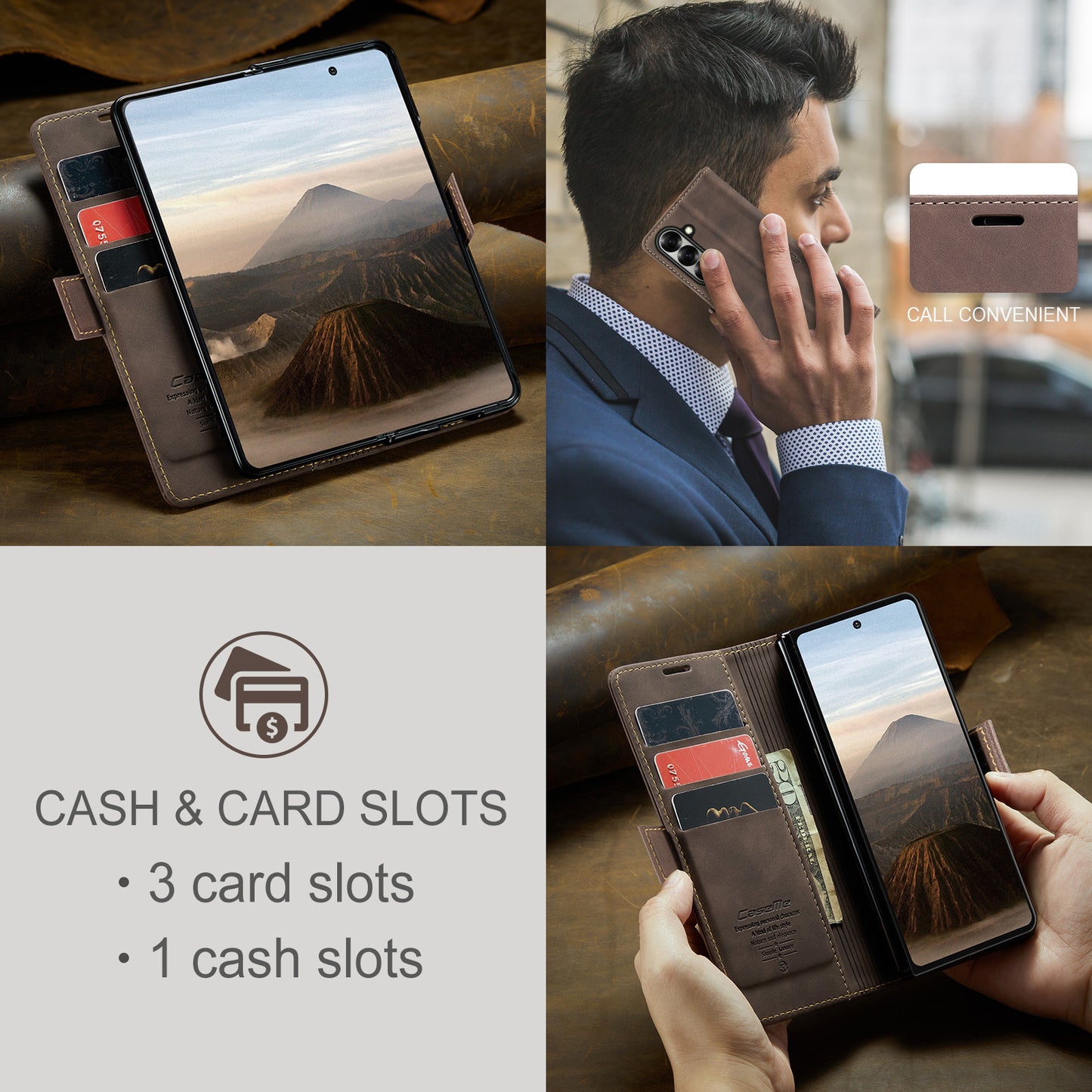 For Samsung Galaxy Z Fold7 5G Wallet Case CASEME 013 Series PU Leather Phone Cover Stand - Coffee