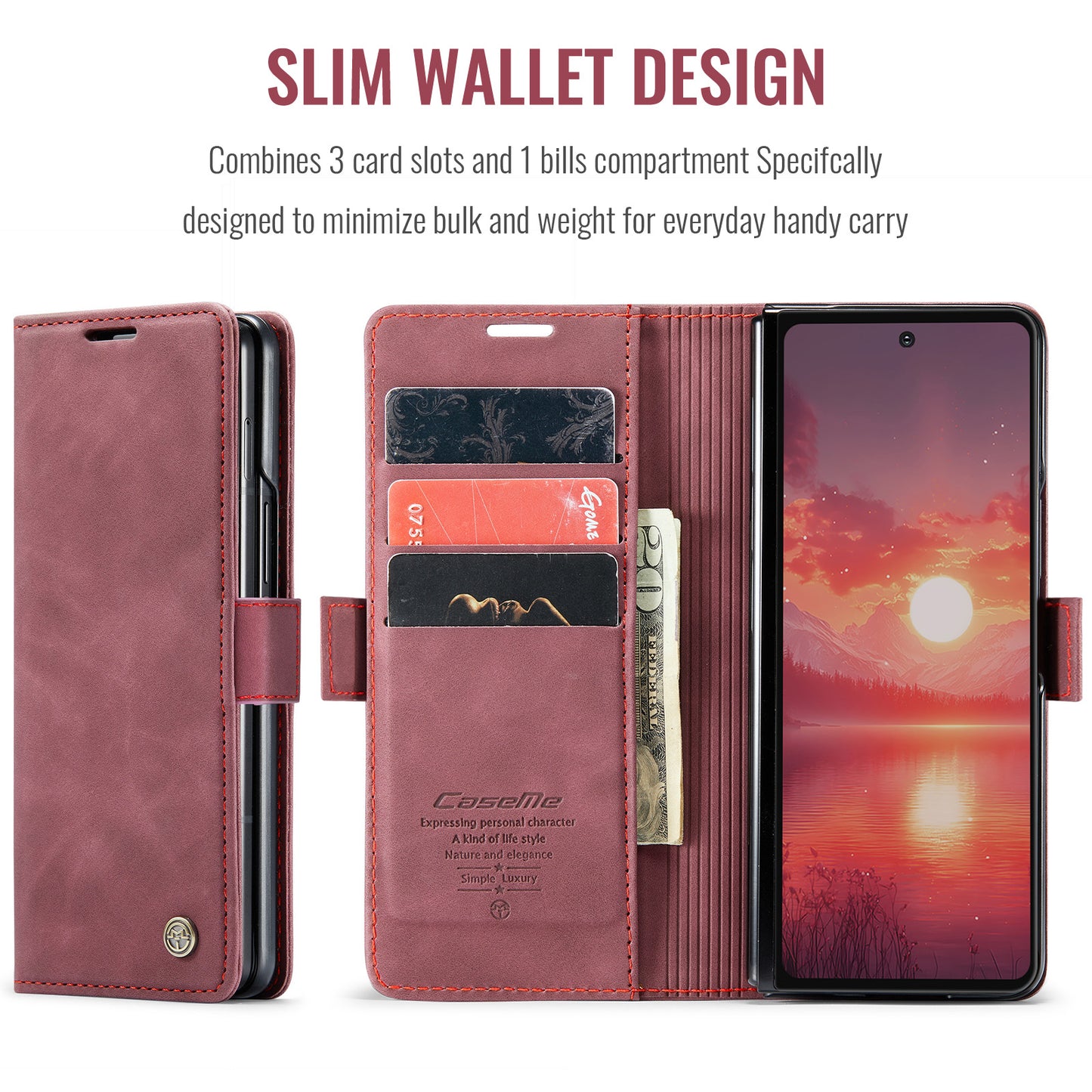 For Samsung Galaxy Z Fold7 5G Wallet Case CASEME 013 Series PU Leather Phone Cover Stand - Red