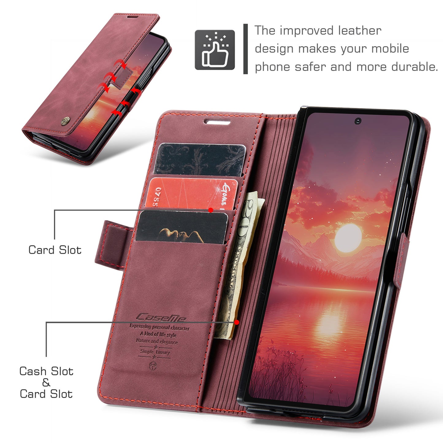 For Samsung Galaxy Z Fold7 5G Wallet Case CASEME 013 Series PU Leather Phone Cover Stand - Red