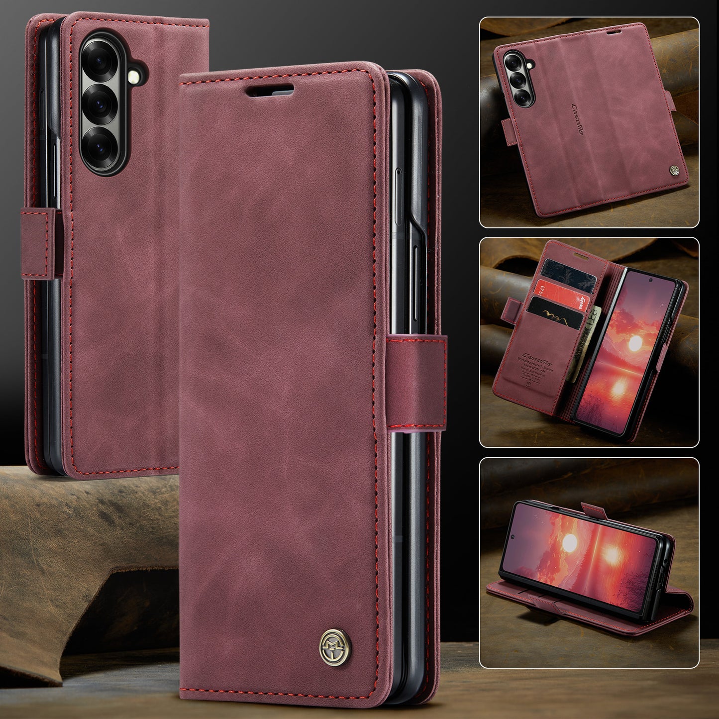 For Samsung Galaxy Z Fold7 5G Wallet Case CASEME 013 Series PU Leather Phone Cover Stand - Red
