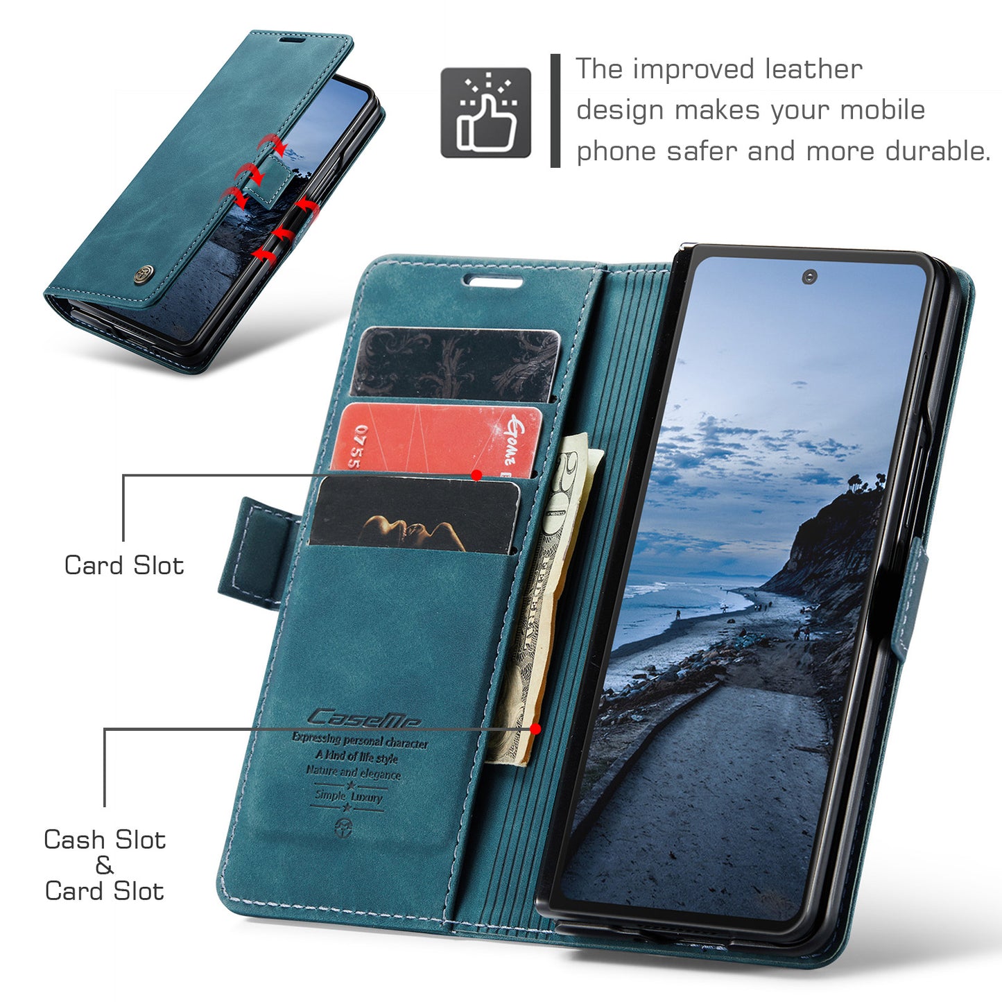 For Samsung Galaxy Z Fold7 5G Wallet Case CASEME 013 Series PU Leather Phone Cover Stand - Blue