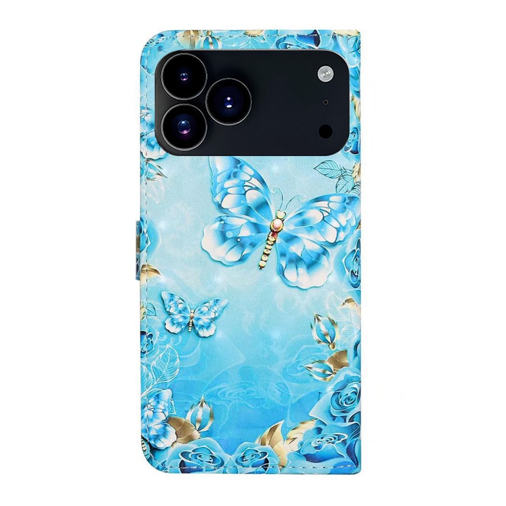 For iPhone 17 Pro Max Case 3D Creative Pattern PU Leather Stand Phone Cover - Blue Butterfly