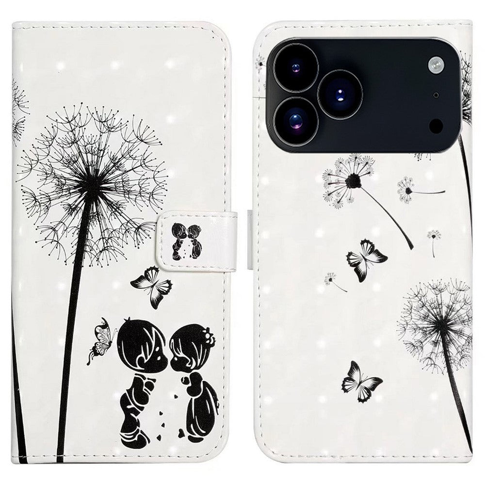 For iPhone 17 Pro Max Case 3D Creative Pattern PU Leather Stand Phone Cover - Kids and Dandelion