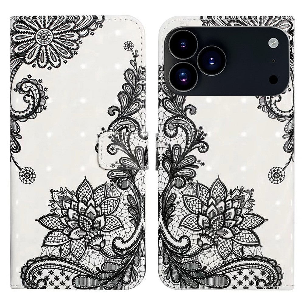 For iPhone 17 Pro Max Case 3D Creative Pattern PU Leather Stand Phone Cover - Lace Flower