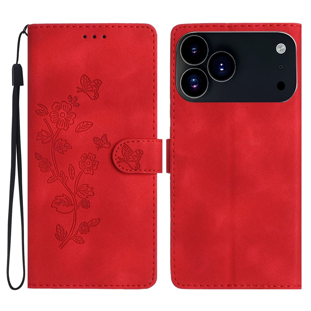 For iPhone 17 Pro Max Case Leather Imprinted Flower Phone Cover Wallet with Wrist Strap - Red