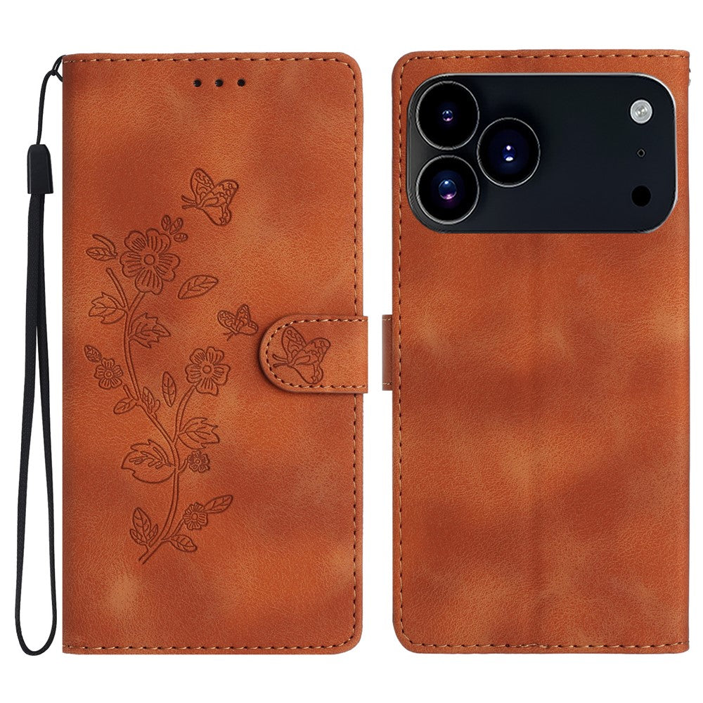 For iPhone 17 Pro Max Case Leather Imprinted Flower Phone Cover Wallet with Wrist Strap - Brown
