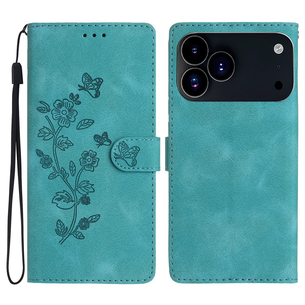 For iPhone 17 Pro Max Case Leather Imprinted Flower Phone Cover Wallet with Wrist Strap - Green