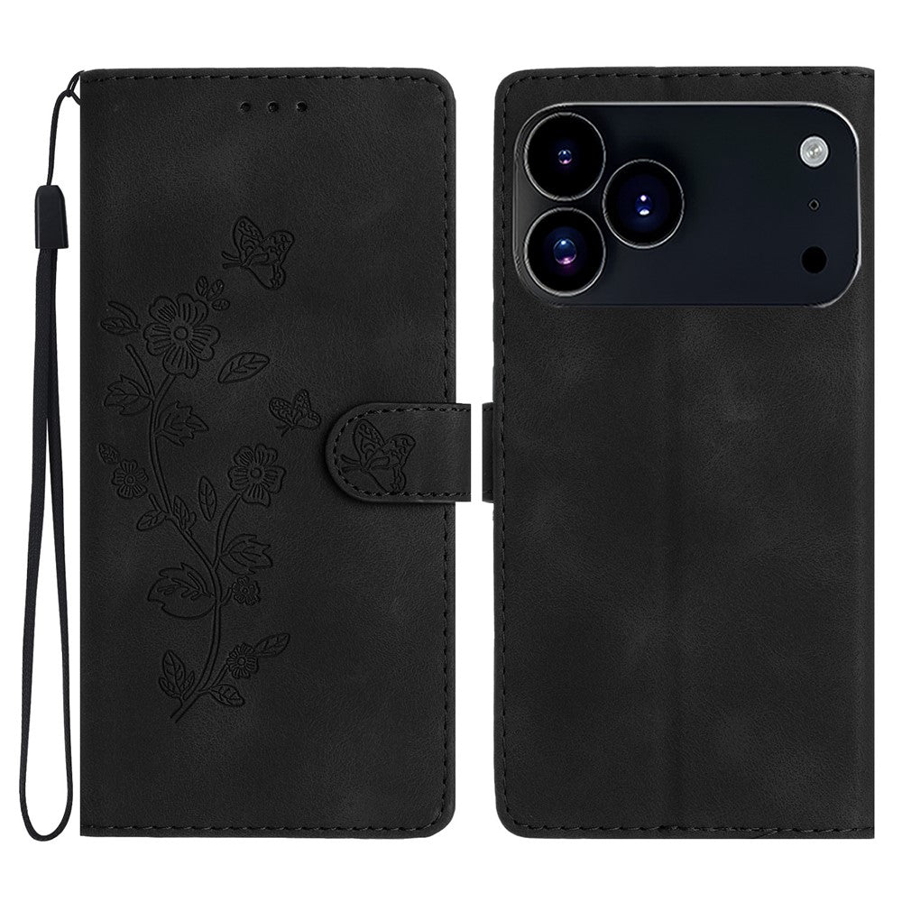 For iPhone 17 Pro Max Case Leather Imprinted Flower Phone Cover Wallet with Wrist Strap - Black