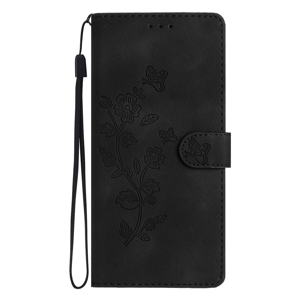 For iPhone 17 Pro Max Case Leather Imprinted Flower Phone Cover Wallet with Wrist Strap - Black