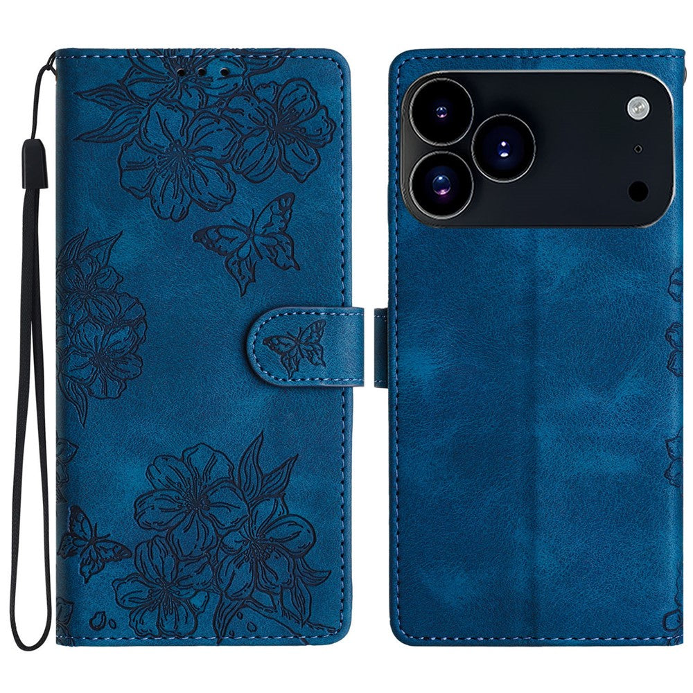 For iPhone 17 Pro Max Case Butterfly Flower Pattern Skin-Touch Leather Phone Cover - Blue