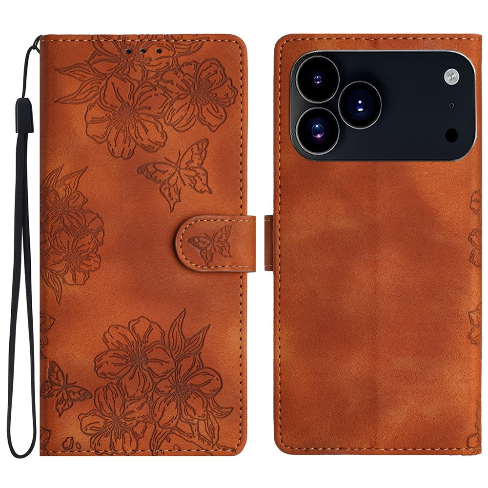 For iPhone 17 Pro Max Case Butterfly Flower Pattern Skin-Touch Leather Phone Cover - Brown