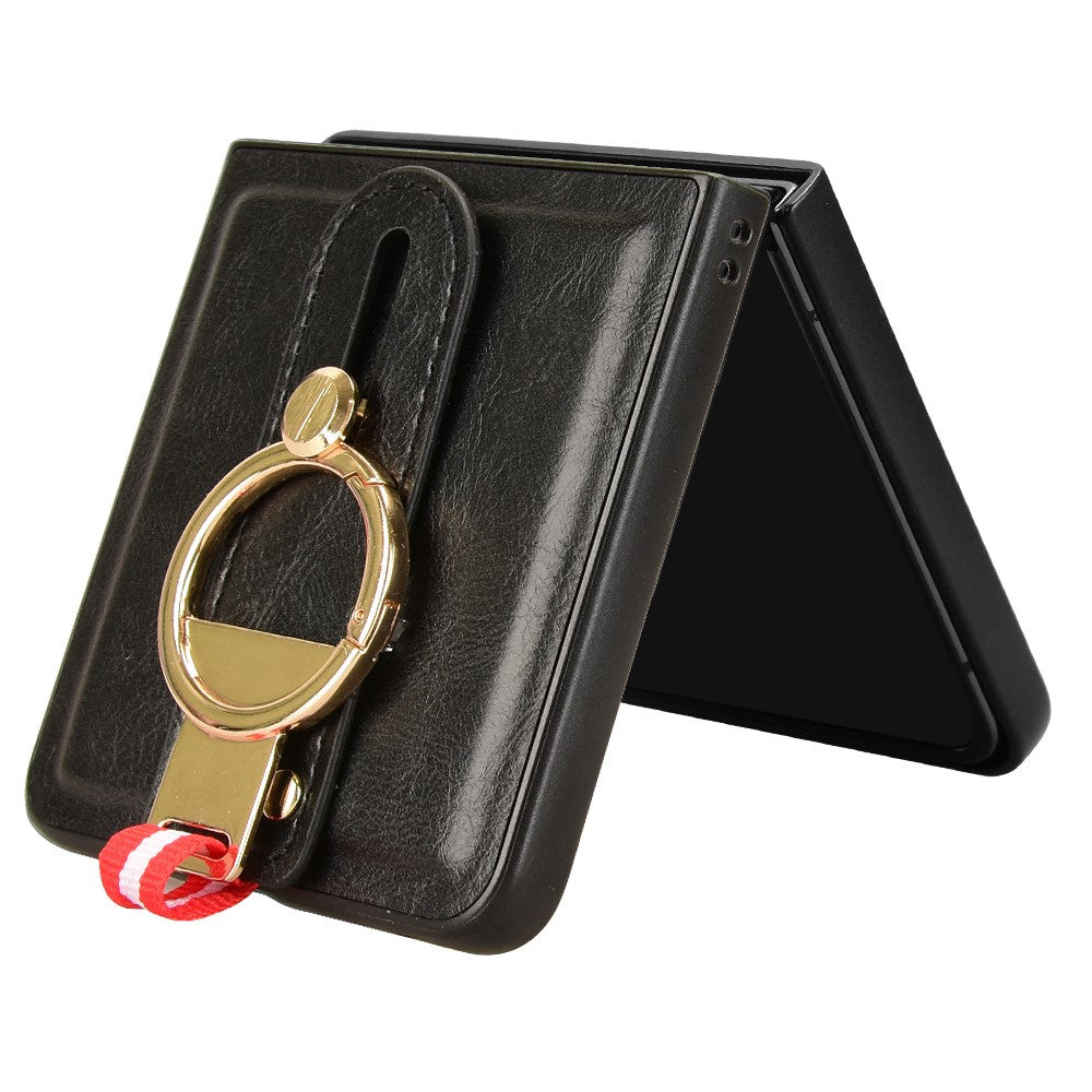 For Samsung Galaxy Z Flip7 5G Case Wristband Kickstand Leather + PC + TPU Phone Cover with Bottle Opener - Black
