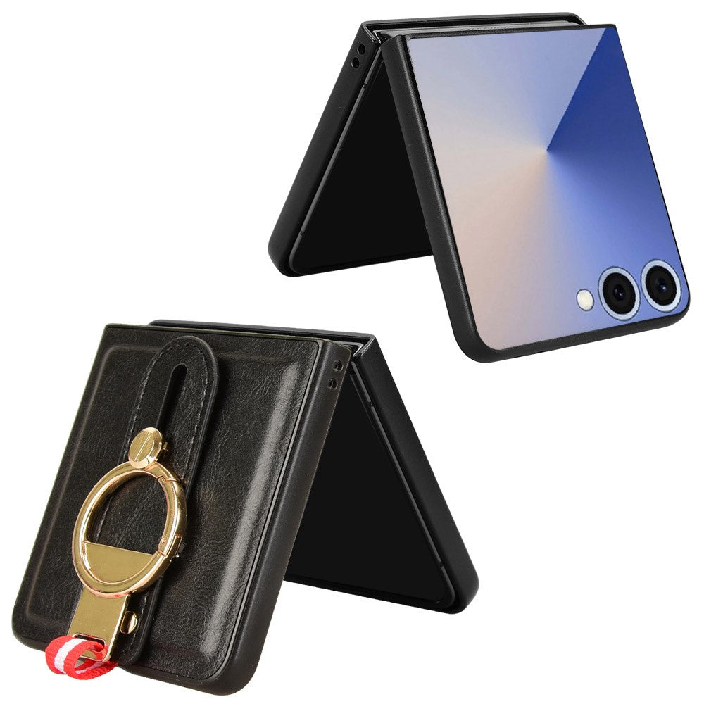 For Samsung Galaxy Z Flip7 5G Case Wristband Kickstand Leather + PC + TPU Phone Cover with Bottle Opener - Black