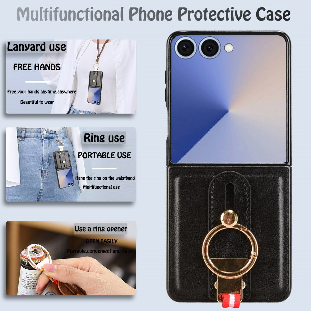 For Samsung Galaxy Z Flip7 5G Case Wristband Kickstand Leather + PC + TPU Phone Cover with Bottle Opener - Black