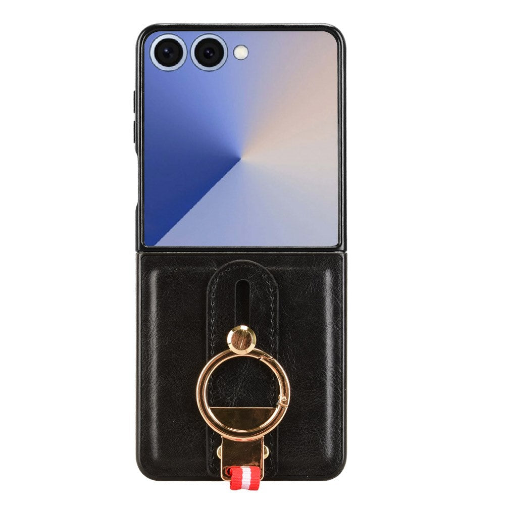 For Samsung Galaxy Z Flip7 5G Case Wristband Kickstand Leather + PC + TPU Phone Cover with Bottle Opener - Black