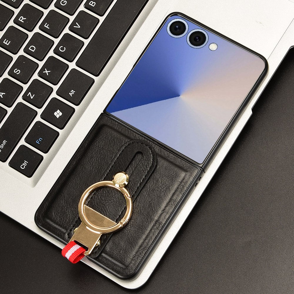 For Samsung Galaxy Z Flip7 5G Case Wristband Kickstand Leather + PC + TPU Phone Cover with Bottle Opener - Black