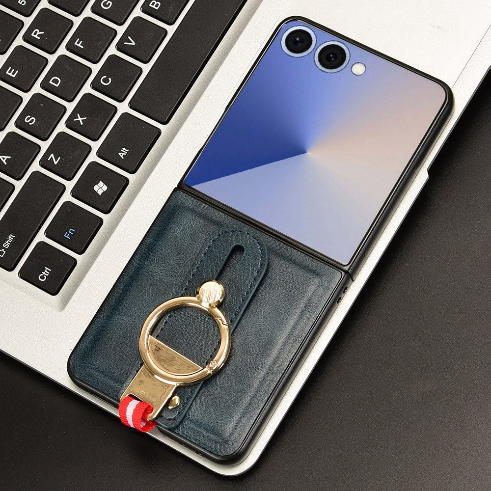 For Samsung Galaxy Z Flip7 5G Case Wristband Kickstand Leather + PC + TPU Phone Cover with Bottle Opener - Blue