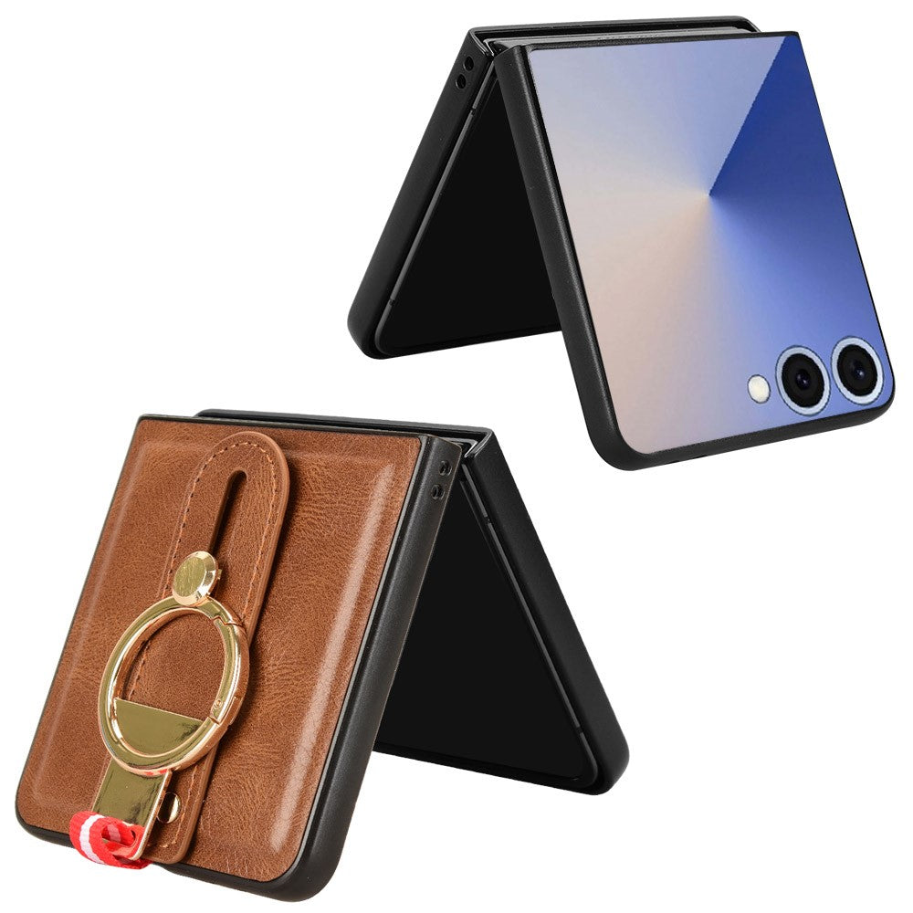 For Samsung Galaxy Z Flip7 5G Case Wristband Kickstand Leather + PC + TPU Phone Cover with Bottle Opener - Brown