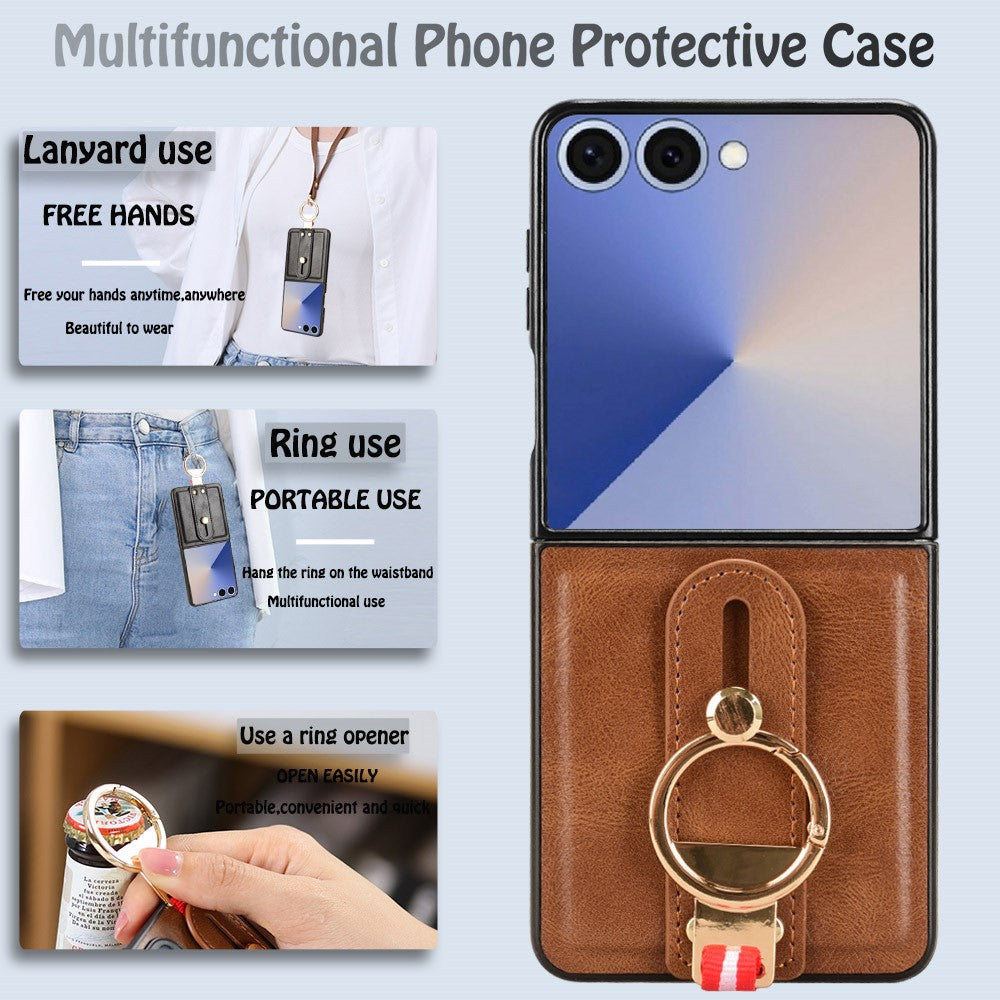 For Samsung Galaxy Z Flip7 5G Case Wristband Kickstand Leather + PC + TPU Phone Cover with Bottle Opener - Brown