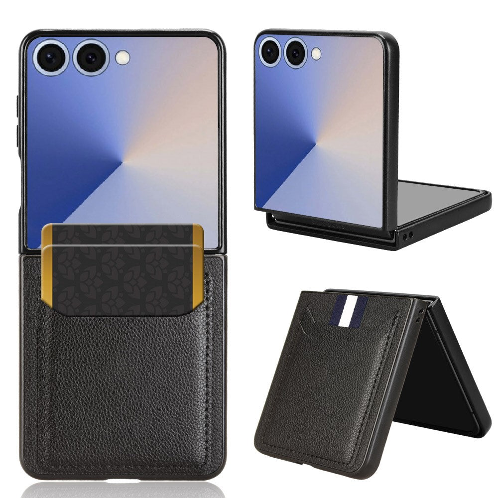 For Samsung Galaxy Z Flip7 5G Case Card Holder Litchi Texture Leather + PC Phone Cover - Black