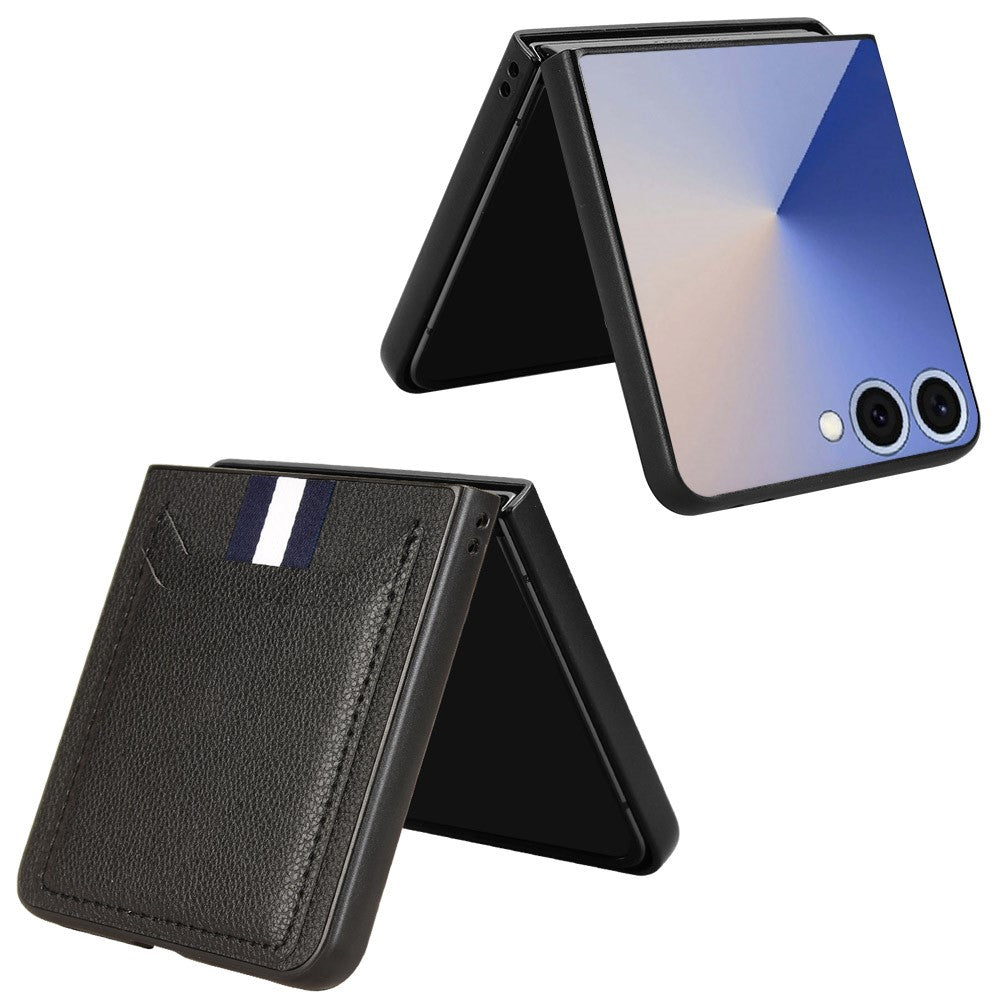 For Samsung Galaxy Z Flip7 5G Case Card Holder Litchi Texture Leather + PC Phone Cover - Black