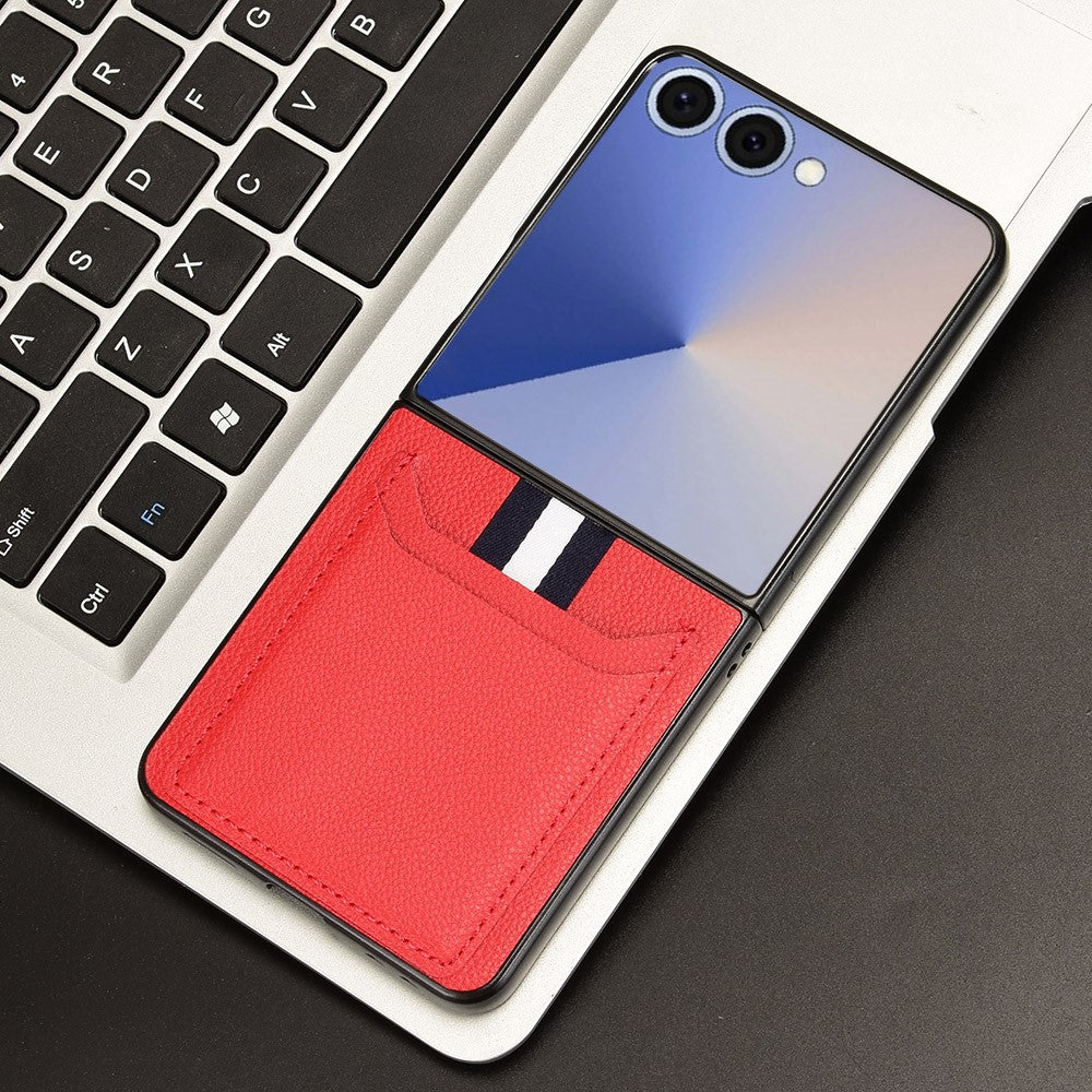 For Samsung Galaxy Z Flip7 5G Case Card Holder Litchi Texture Leather + PC Phone Cover - Red