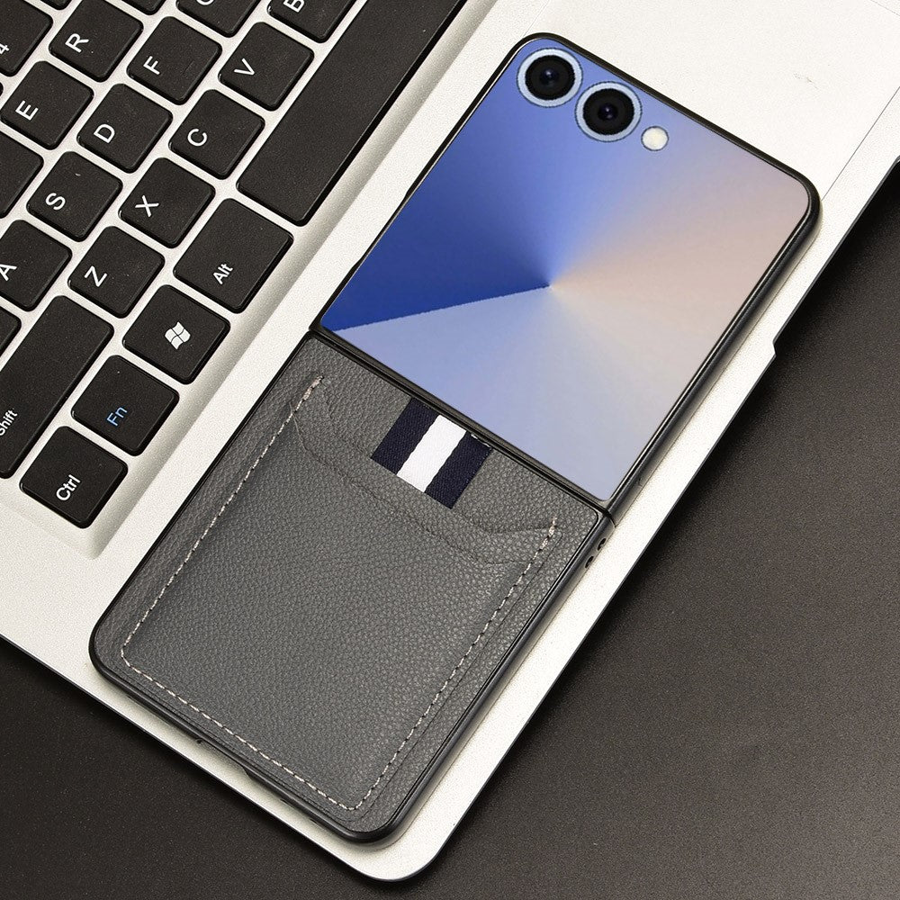 For Samsung Galaxy Z Flip7 5G Case Card Holder Litchi Texture Leather + PC Phone Cover - Grey