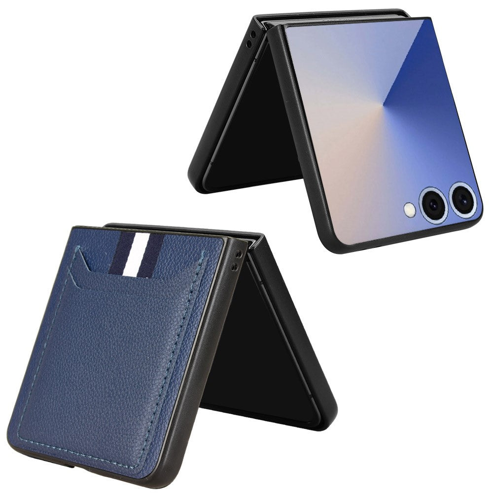 For Samsung Galaxy Z Flip7 5G Case Card Holder Litchi Texture Leather + PC Phone Cover - Blue