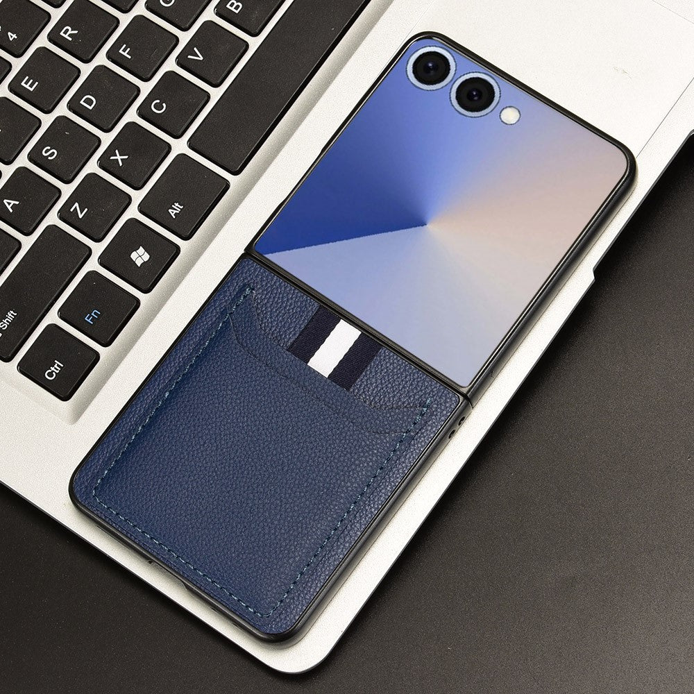 For Samsung Galaxy Z Flip7 5G Case Card Holder Litchi Texture Leather + PC Phone Cover - Blue