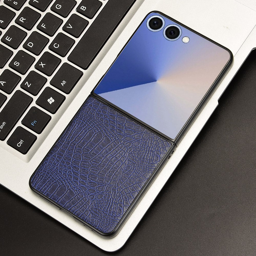 For Samsung Galaxy Z Flip7 5G Case Crocodile Texture Leather Coated Hard PC Phone Cover - Blue