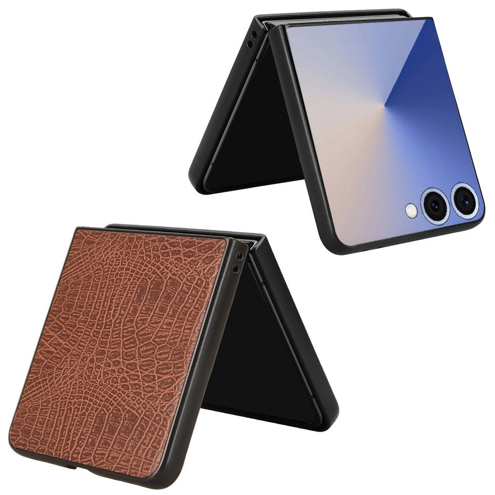 For Samsung Galaxy Z Flip7 5G Case Crocodile Texture Leather Coated Hard PC Phone Cover - Brown