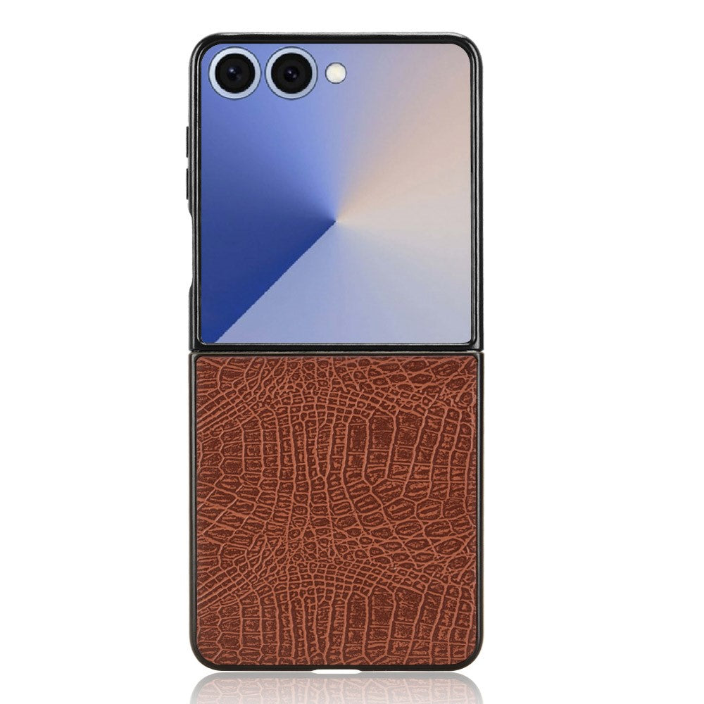 For Samsung Galaxy Z Flip7 5G Case Crocodile Texture Leather Coated Hard PC Phone Cover - Brown