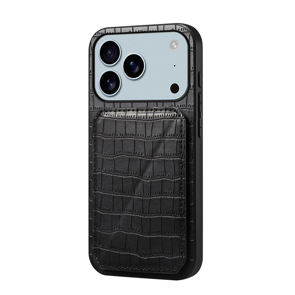 For iPhone 17 Pro Max Case with Card Holder Leather + PC + TPU Crocodile Textured Back Cover - Black