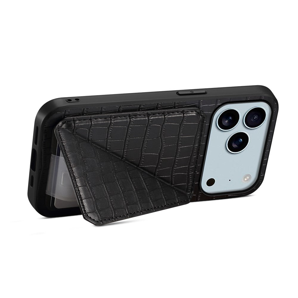 For iPhone 17 Pro Max Case with Card Holder Leather + PC + TPU Crocodile Textured Back Cover - Black