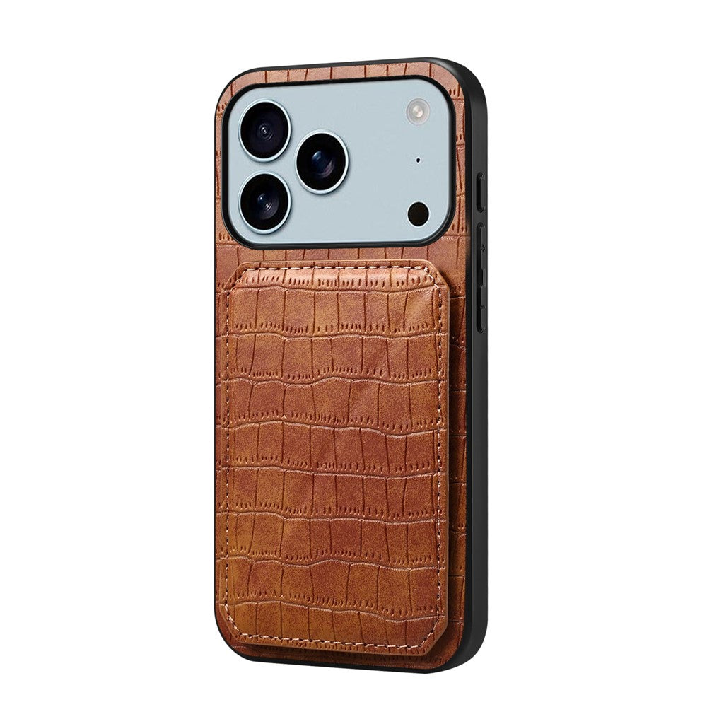 For iPhone 17 Pro Max Case with Card Holder Leather + PC + TPU Crocodile Textured Back Cover - Brown