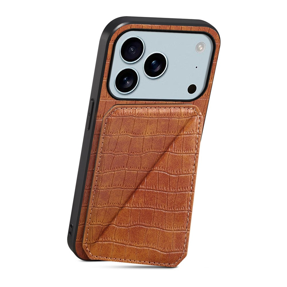 For iPhone 17 Pro Max Case with Card Holder Leather + PC + TPU Crocodile Textured Back Cover - Brown