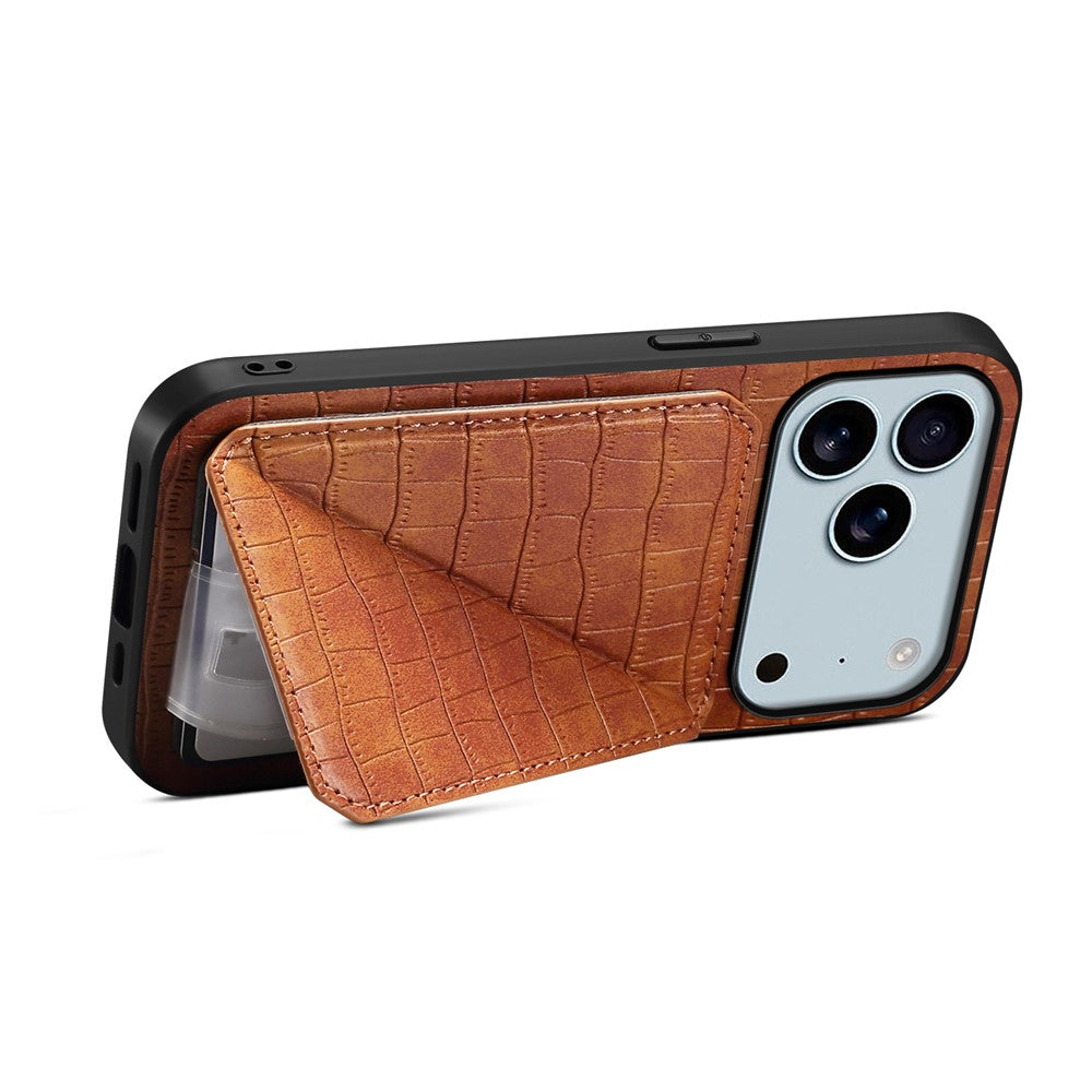 For iPhone 17 Pro Max Case with Card Holder Leather + PC + TPU Crocodile Textured Back Cover - Brown