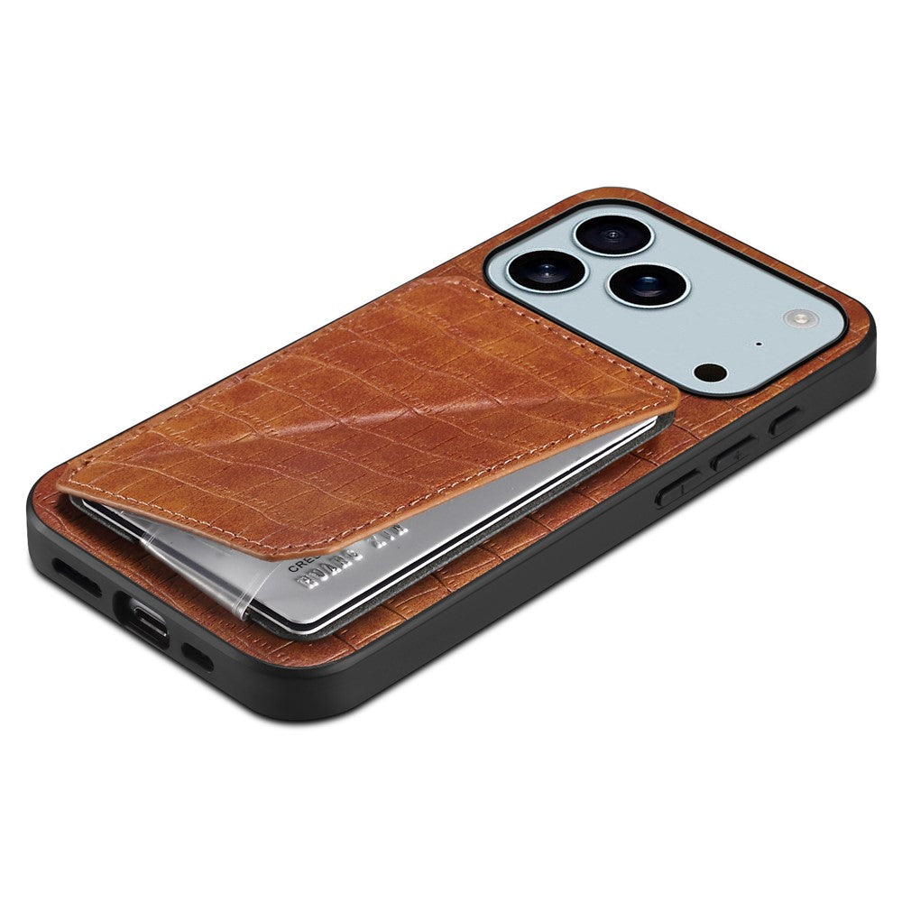 For iPhone 17 Pro Max Case with Card Holder Leather + PC + TPU Crocodile Textured Back Cover - Brown