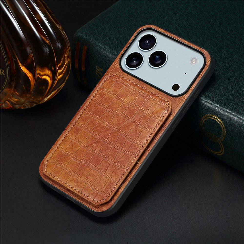 For iPhone 17 Pro Max Case with Card Holder Leather + PC + TPU Crocodile Textured Back Cover - Brown
