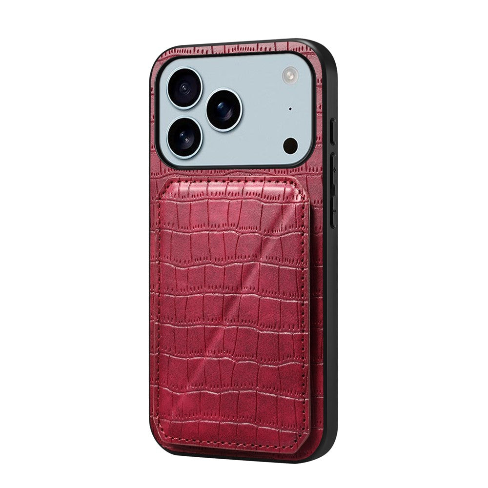 For iPhone 17 Pro Max Case with Card Holder Leather + PC + TPU Crocodile Textured Back Cover - Rose