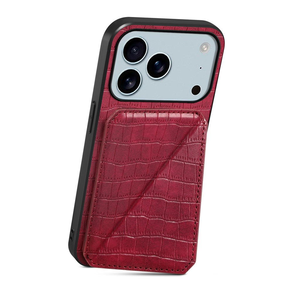 For iPhone 17 Pro Max Case with Card Holder Leather + PC + TPU Crocodile Textured Back Cover - Rose